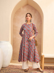 Women Red Floral Buttonned Pocket Kurta-SHKUR35012