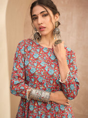 Women Red Floral Buttonned Pocket Kurta-SHKUR35012