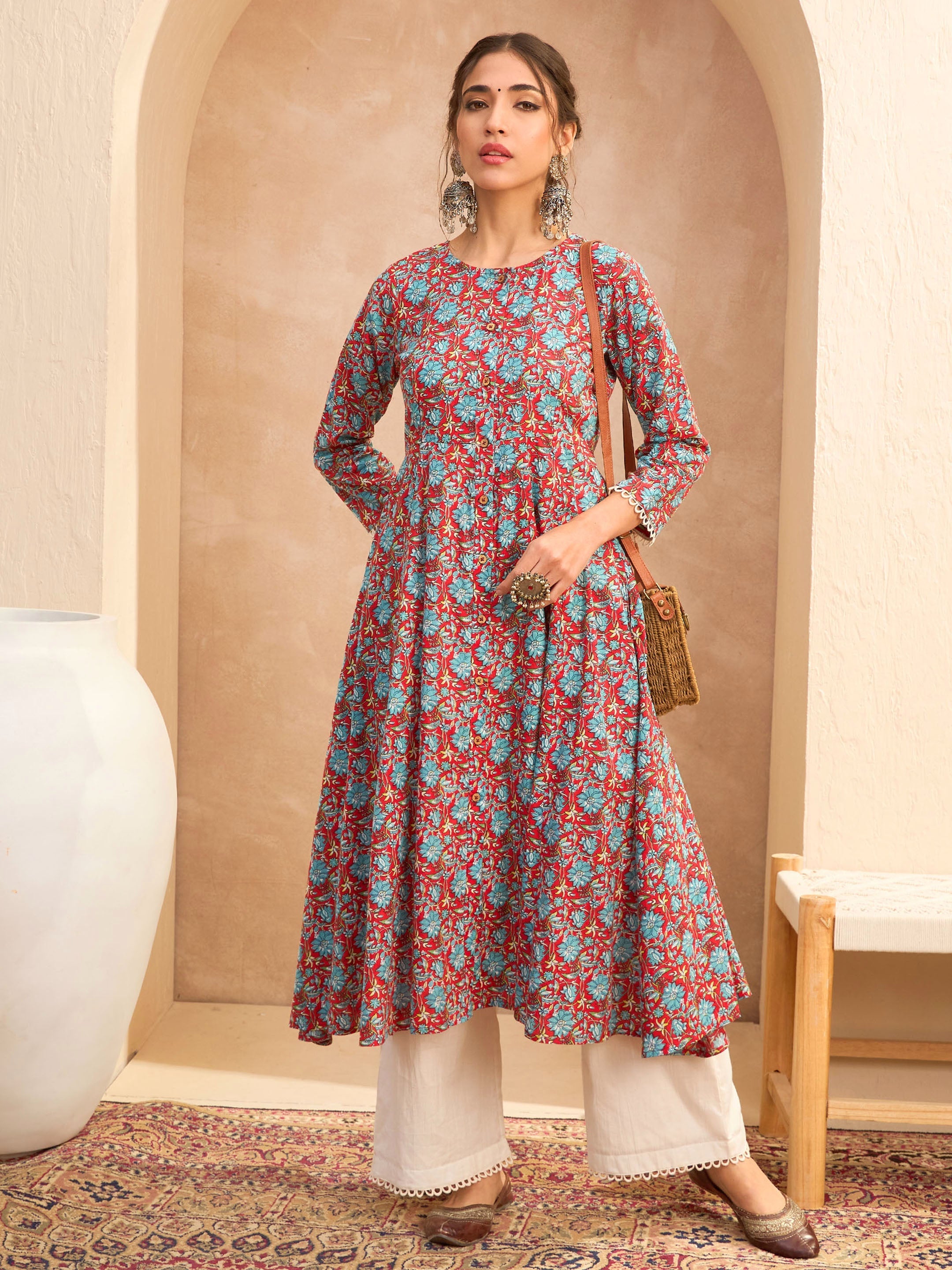 Women Red Floral Buttonned Pocket Kurta With Straight Pants-SHKUR35012_SHPAN51179