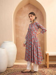 Women Red Floral Buttonned Pocket Kurta With Straight Pants-SHKUR35012_SHPAN51179