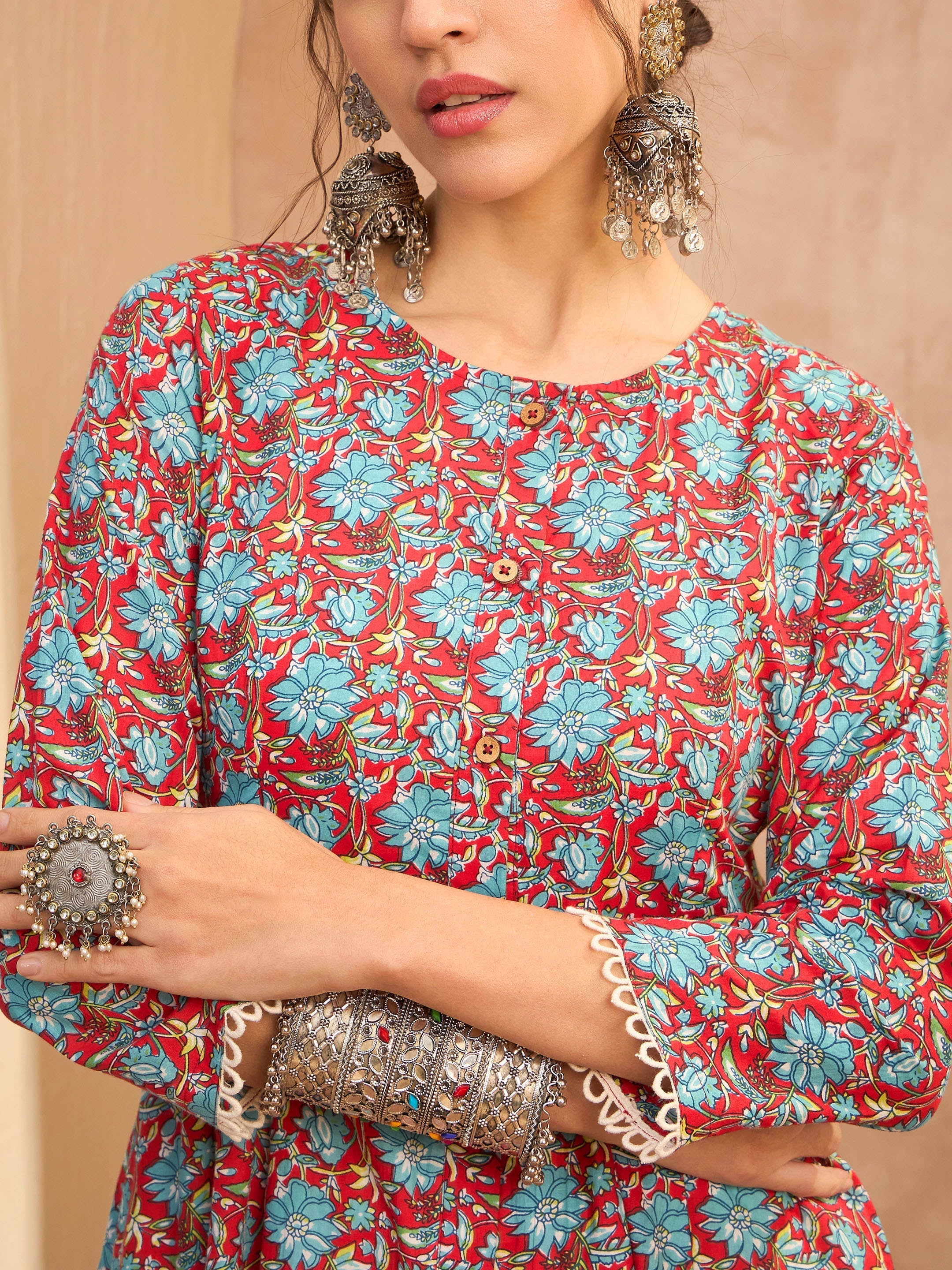 Women Red Floral Buttonned Pocket Kurta With Straight Pants-SHKUR35012_SHPAN51179