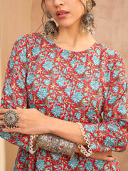 Women Red Floral Buttonned Pocket Kurta With Straight Pants-SHKUR35012_SHPAN51179