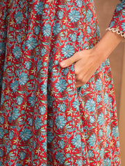Women Red Floral Buttonned Pocket Kurta With Straight Pants-SHKUR35012_SHPAN51179
