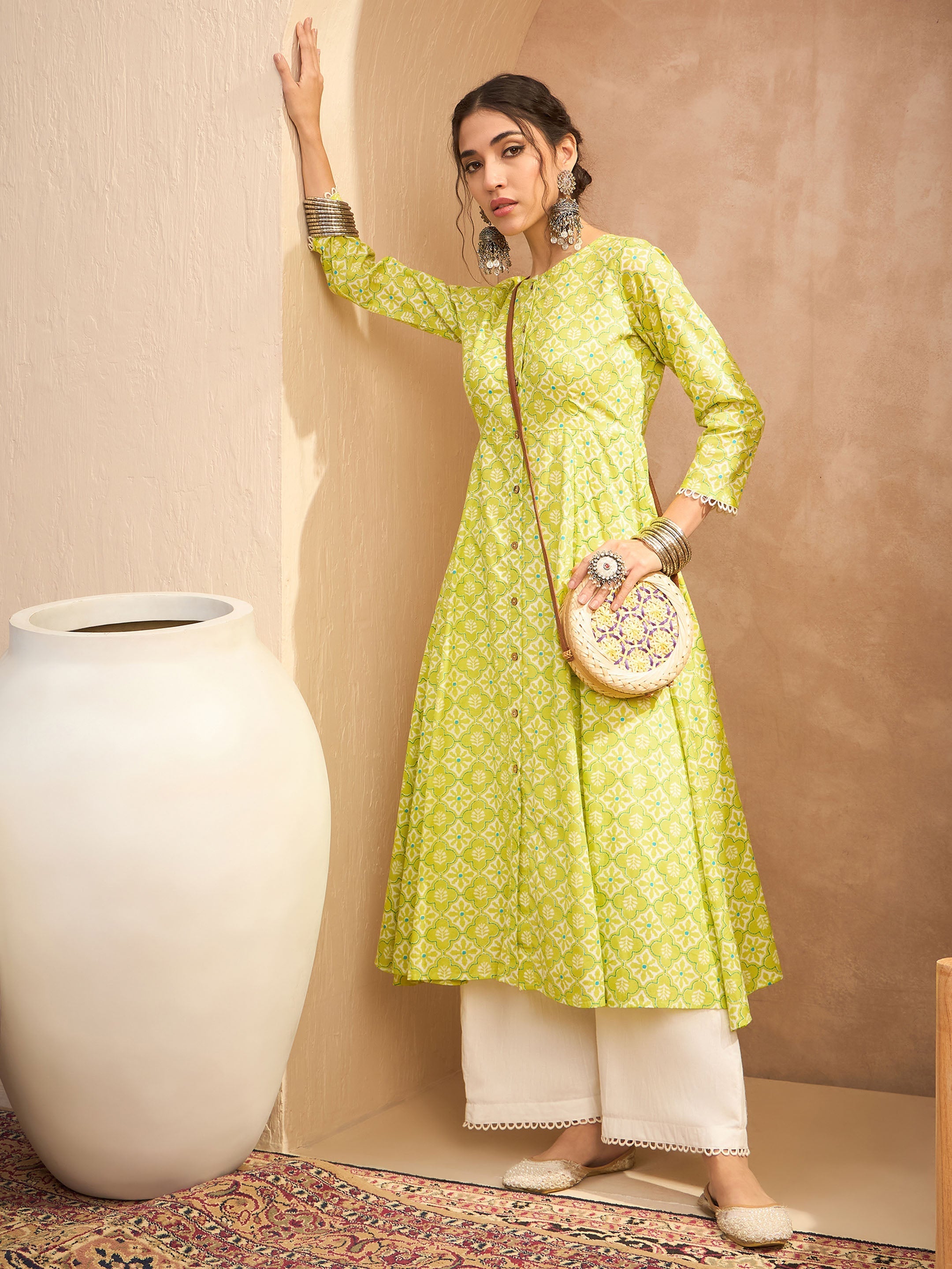 Women Lime Green Floral Buttonned Pocket Kurta-SHKUR35013
