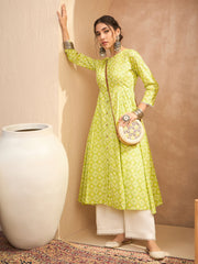 Women Lime Green Floral Buttonned Pocket Kurta-SHKUR35013