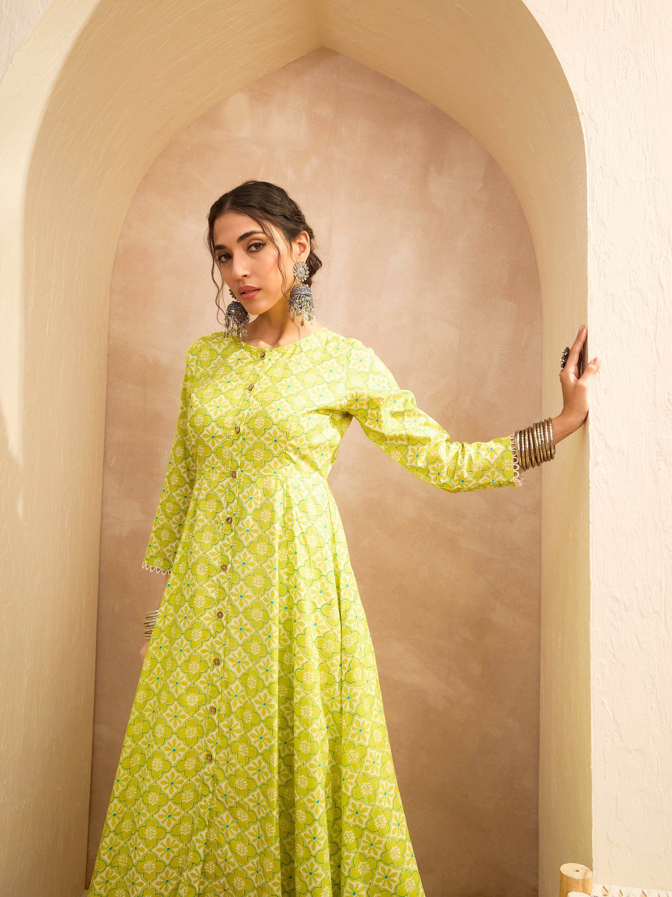 Women Lime Green Floral Buttonned Pocket Kurta With Straight Pants-SHKUR35013_SHPAN51179
