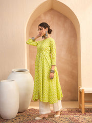Women Lime Green Floral Buttonned Pocket Kurta With Straight Pants-SHKUR35013_SHPAN51179