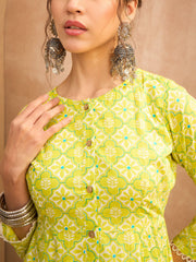 Women Lime Green Floral Buttonned Pocket Kurta With Straight Pants-SHKUR35013_SHPAN51179