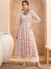 Women White Floral Sweetheart Neck Anarkali Kurta-SHKUR35014