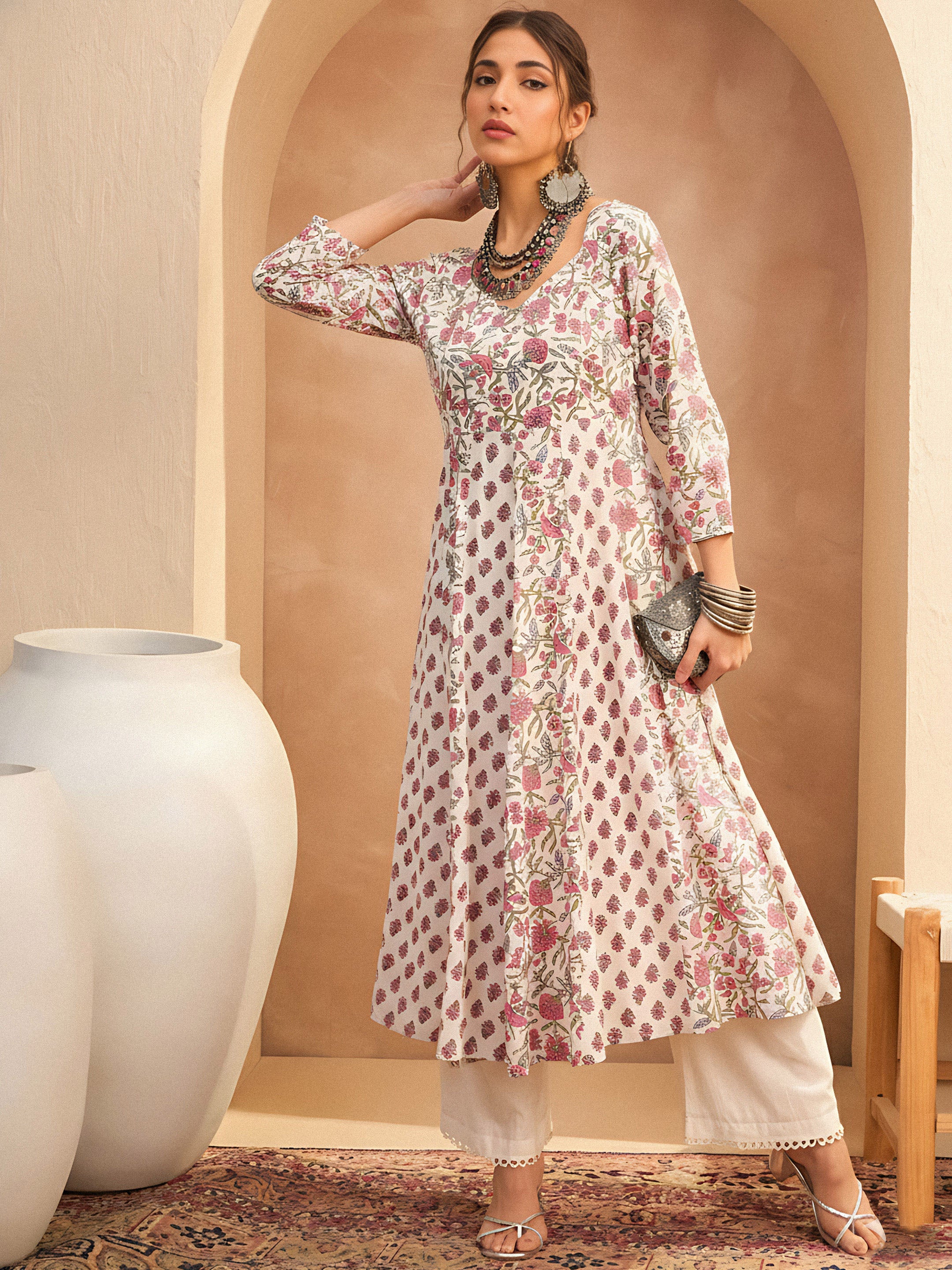 Women White Floral Anarkali Kurta With Straight Pants-SHKUR35014_SHPAN51179