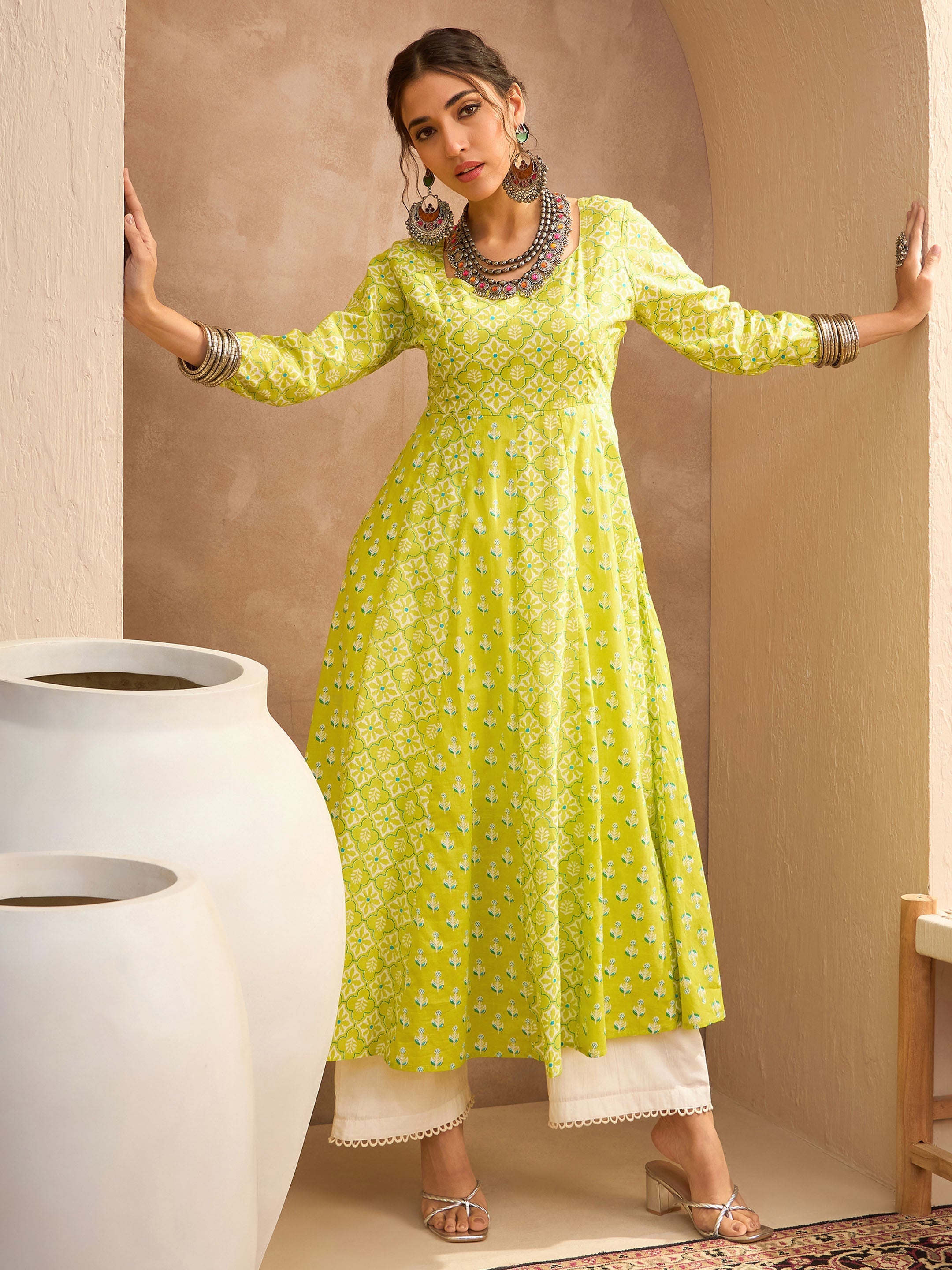 Women Lime Green Floral Anarkali Kurta With Straight Pants-SHKUR35015_SHPAN51179