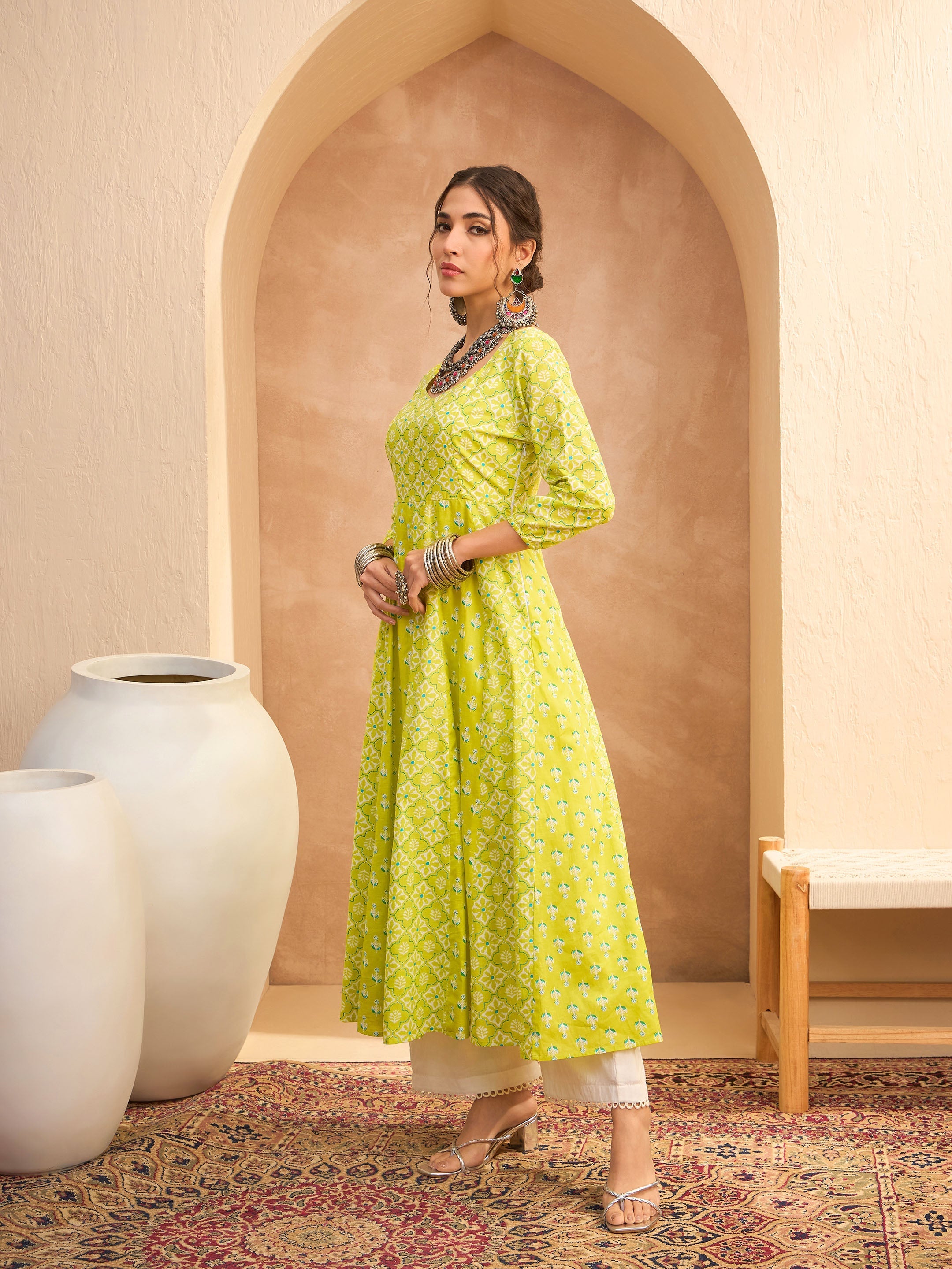 Women Lime Green Floral Anarkali Kurta With Straight Pants-SHKUR35015_SHPAN51179