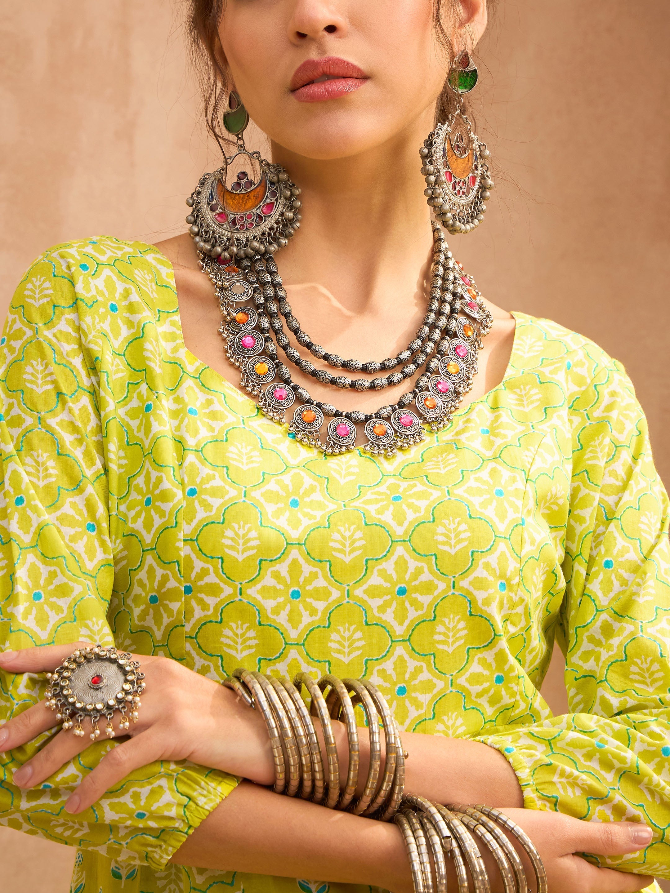 Women Lime Green Floral Anarkali Kurta With Straight Pants-SHKUR35015_SHPAN51179