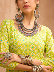 Women Lime Green Floral Anarkali Kurta With Straight Pants-SHKUR35015_SHPAN51179