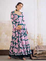 Women Green & Pink Floral Sweetheart Neck Anarkali Kurta-SHKUR35028