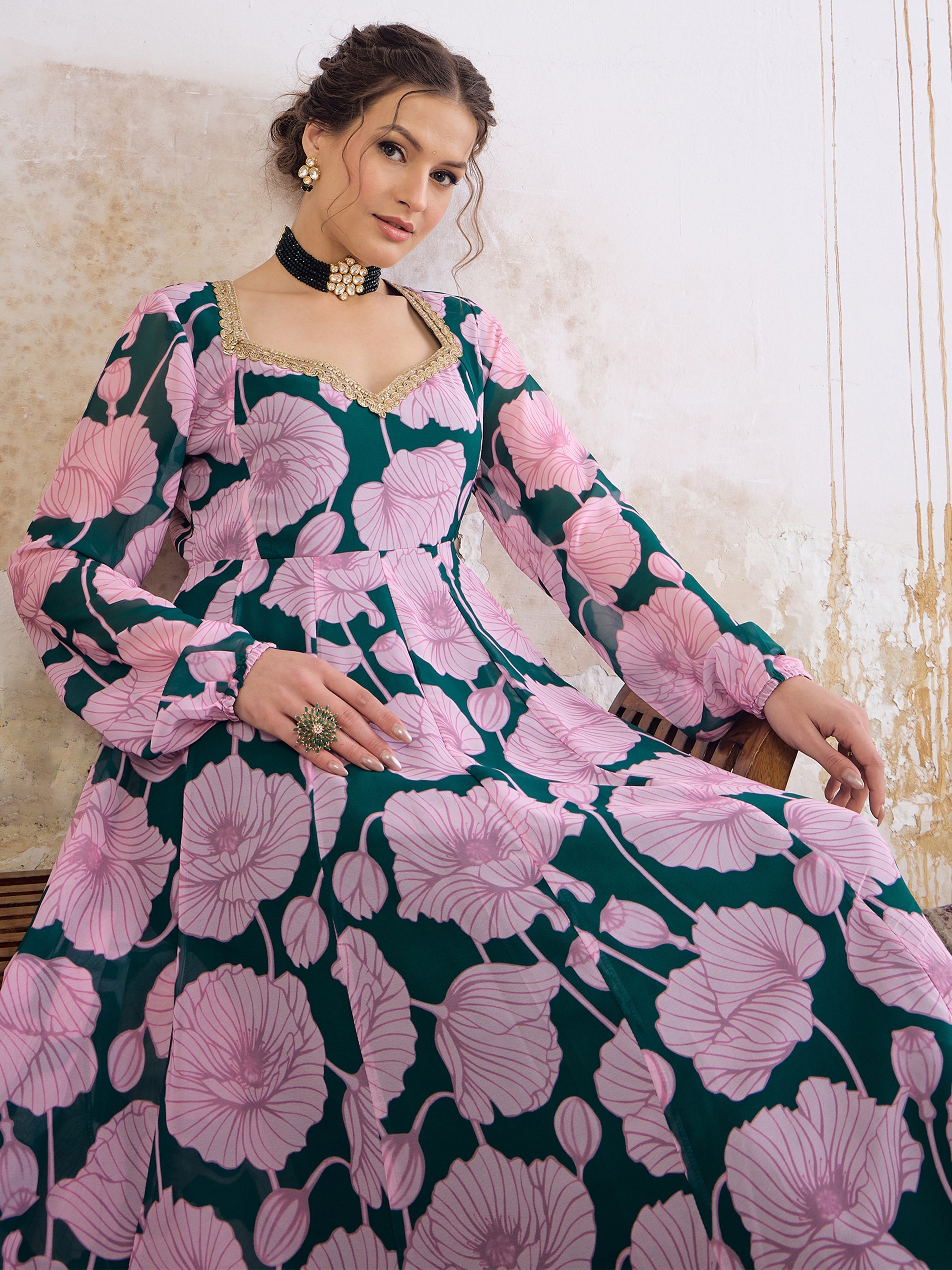 Women Green & Pink Floral Sweetheart Neck Anarkali Kurta-SHKUR35028