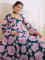 Women Green & Pink Floral Sweetheart Neck Anarkali Kurta-SHKUR35028