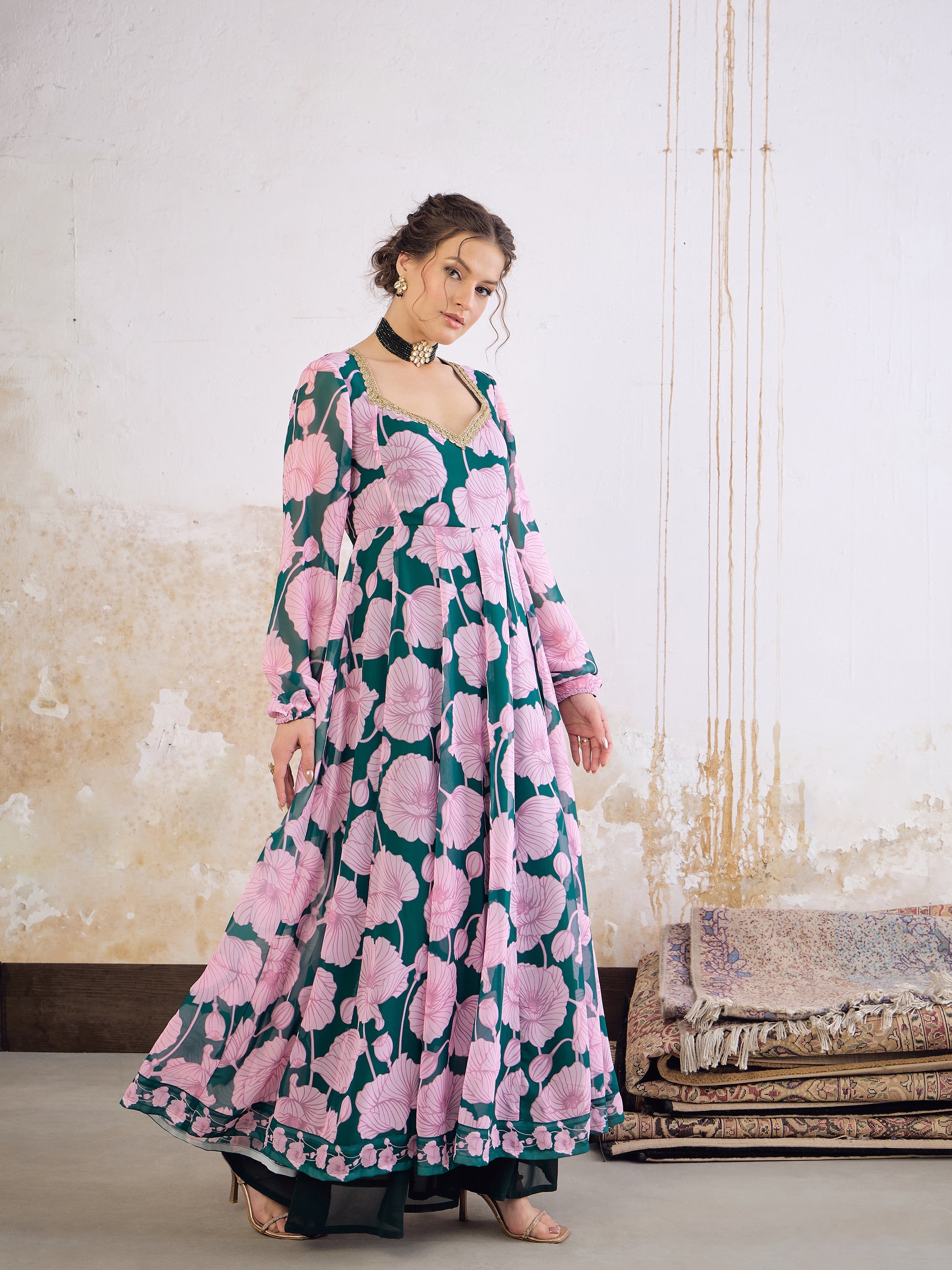 Women Green & Pink Floral Sweetheart Neck Anarkali Kurta-SHKUR35028