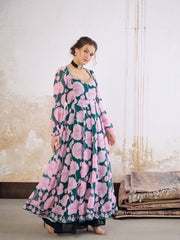 Women Green & Pink Floral Sweetheart Neck Anarkali Kurta-SHKUR35028