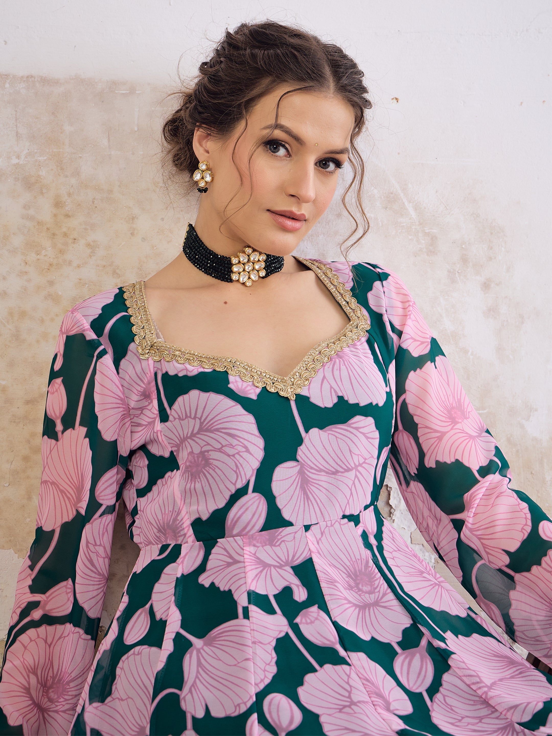 Women Green & Pink Floral Sweetheart Neck Anarkali Kurta-SHKUR35028