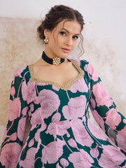 Women Green & Pink Floral Sweetheart Neck Anarkali Kurta-SHKUR35028