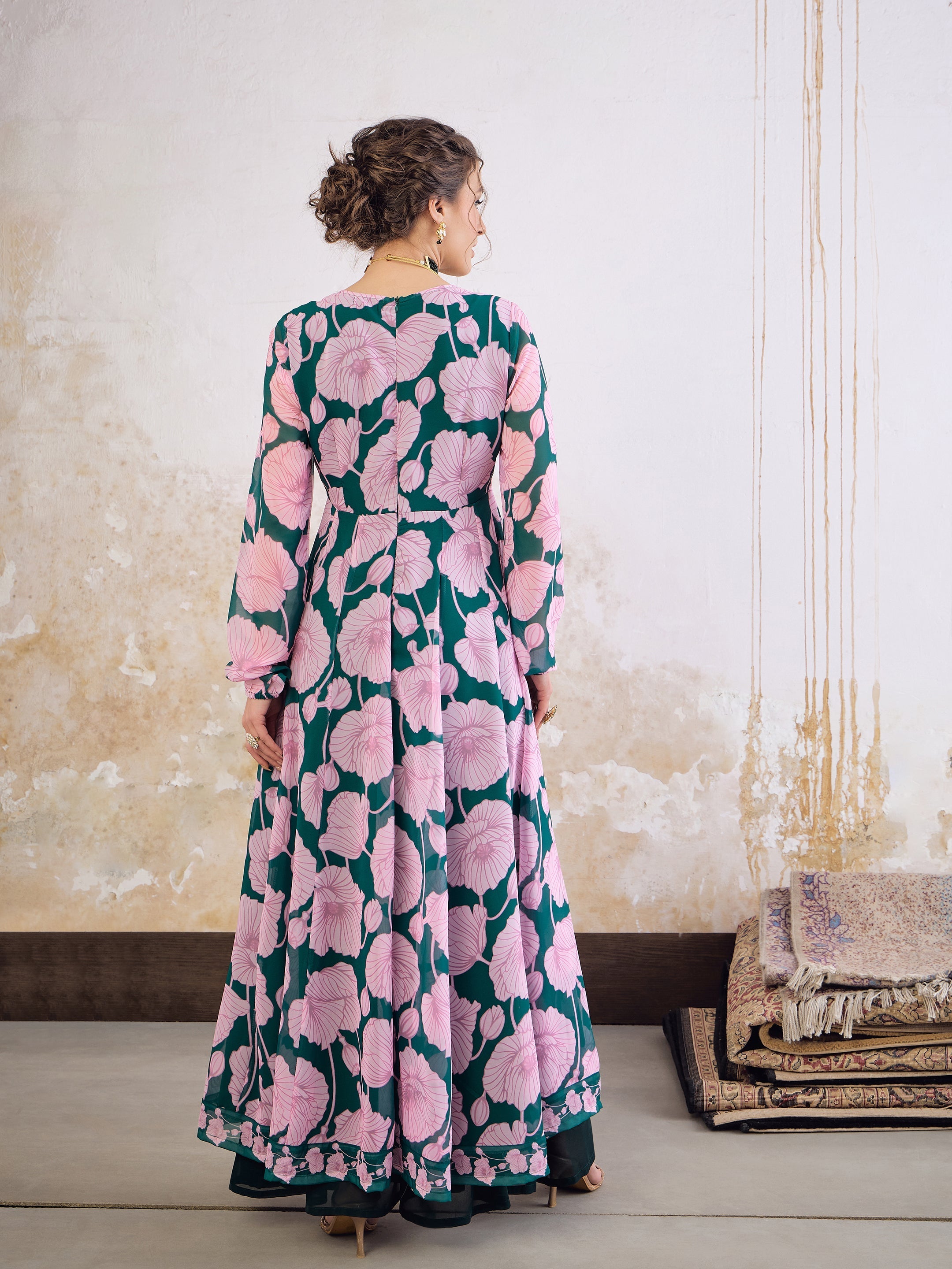 Women Green & Pink Floral Sweetheart Neck Anarkali Kurta-SHKUR35028