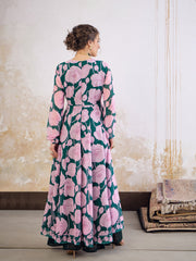 Women Green & Pink Floral Sweetheart Neck Anarkali Kurta-SHKUR35028