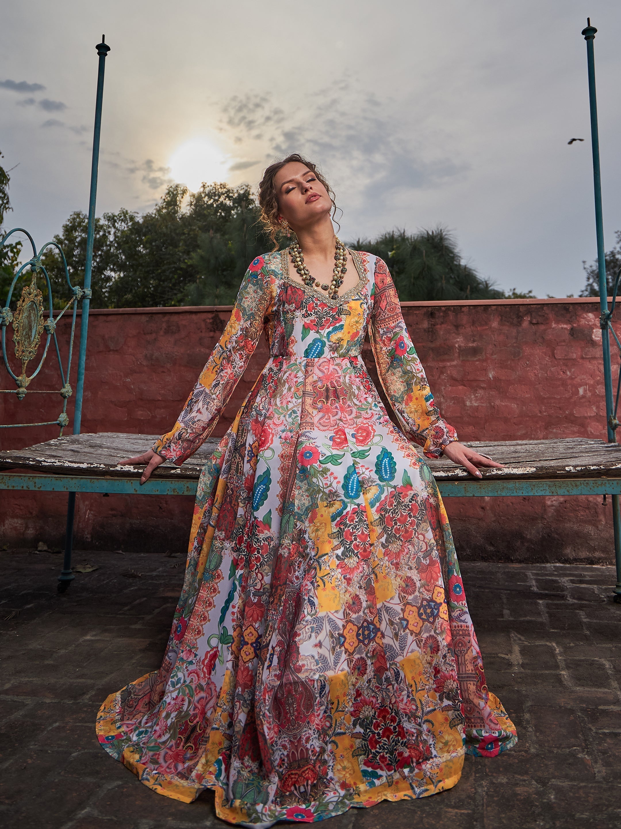 Women White Multi Floral Sweetheart Neck Anarkali Kurta-SHKUR35029