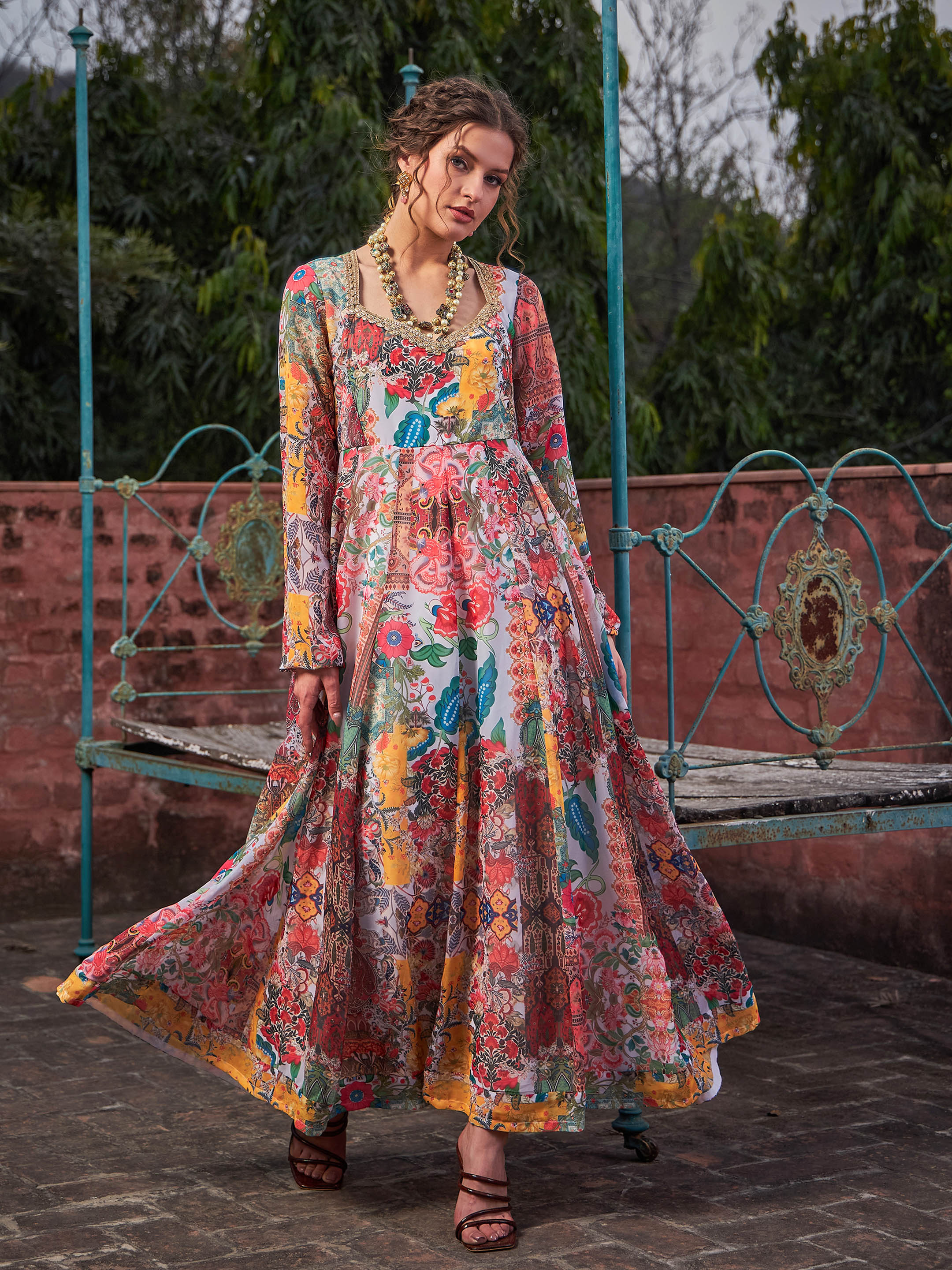 Women White Multi Floral Sweetheart Neck Anarkali Kurta-SHKUR35029