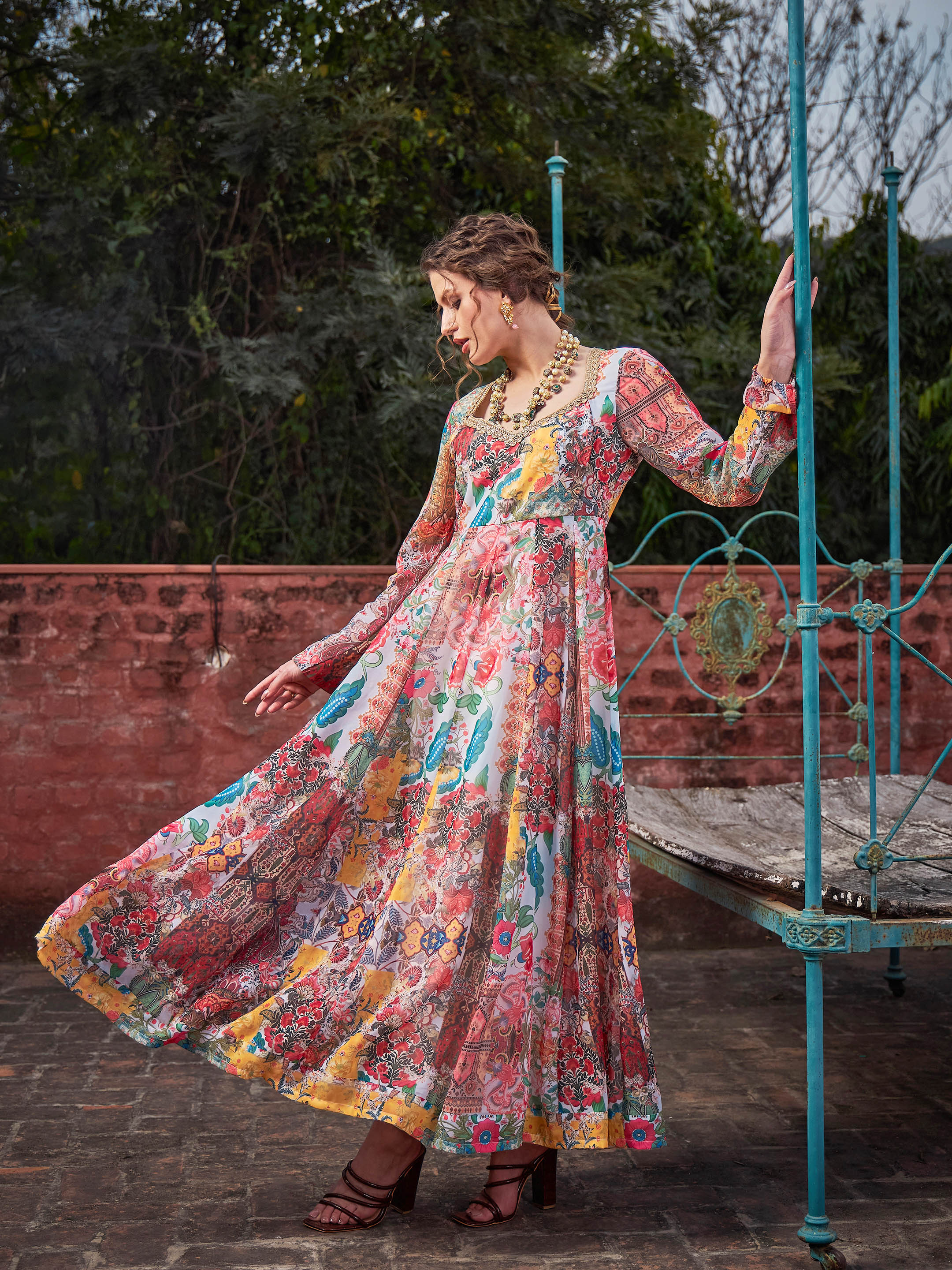 Women White Multi Floral Sweetheart Neck Anarkali Kurta-SHKUR35029