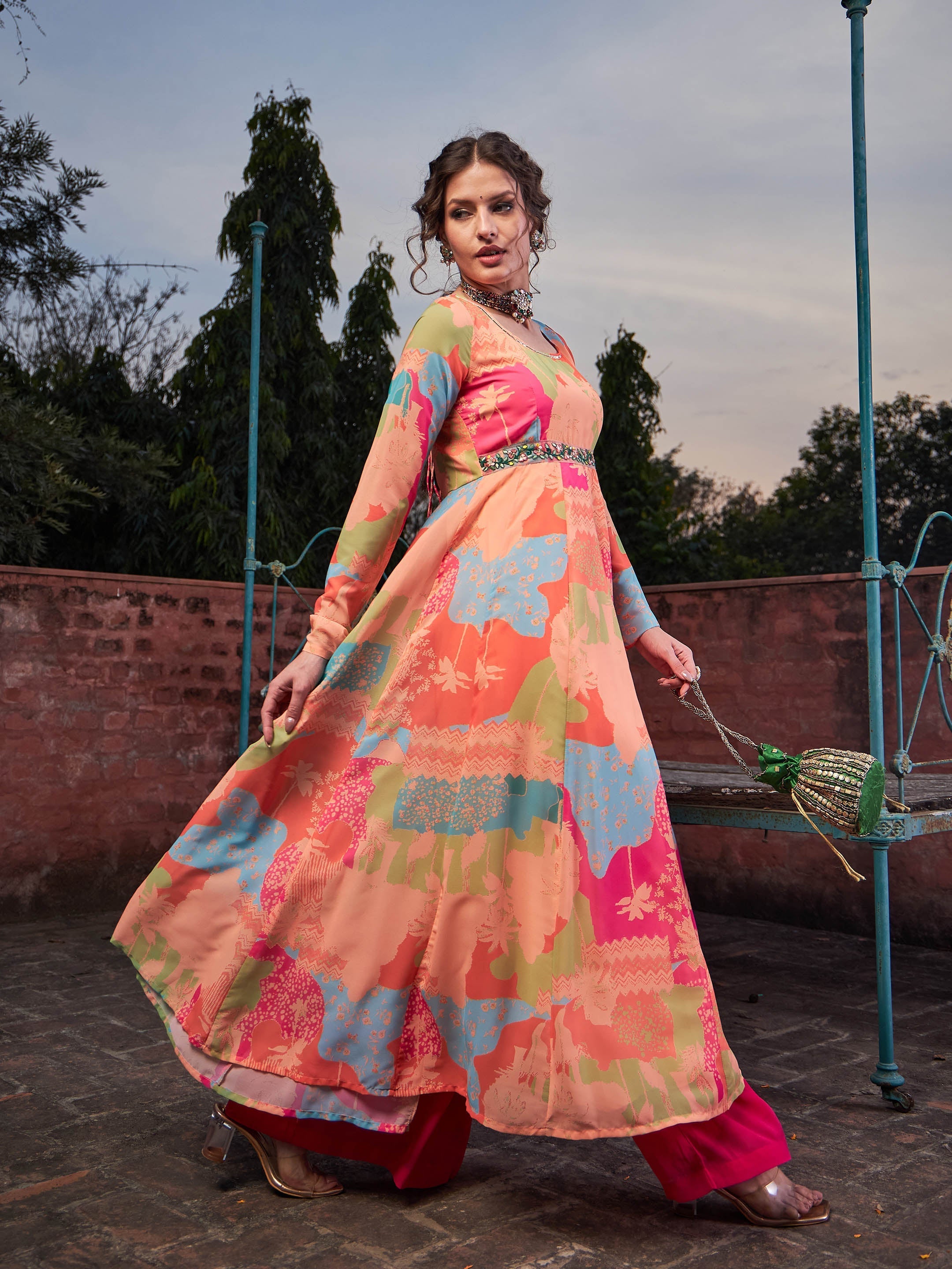 Women Orange Tie & Dye Back Criss Cross Dori Anarkali Kurta-SHKUR35030