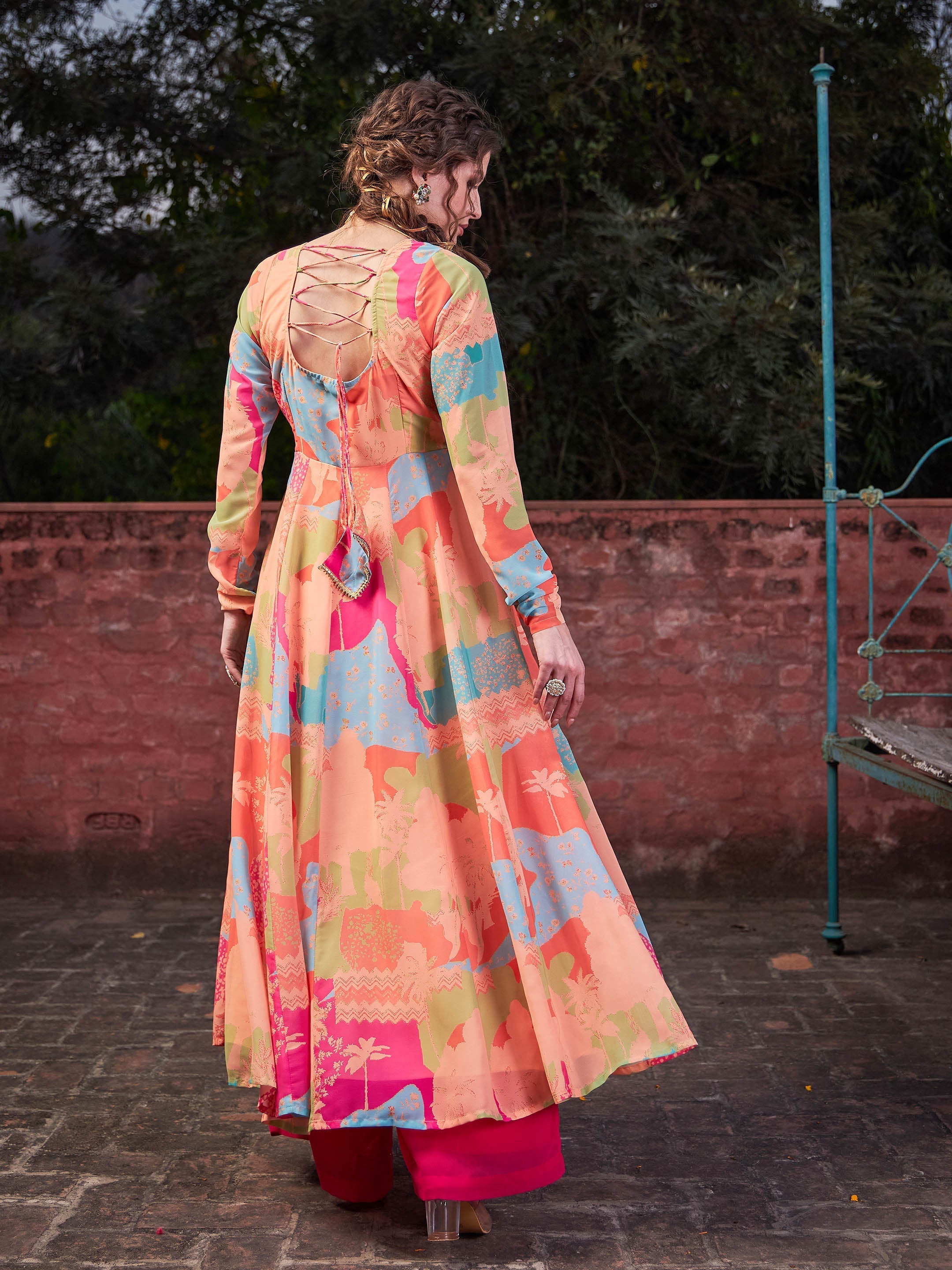 Women Orange Tie & Dye Back Criss Cross Dori Anarkali Kurta-SHKUR35030