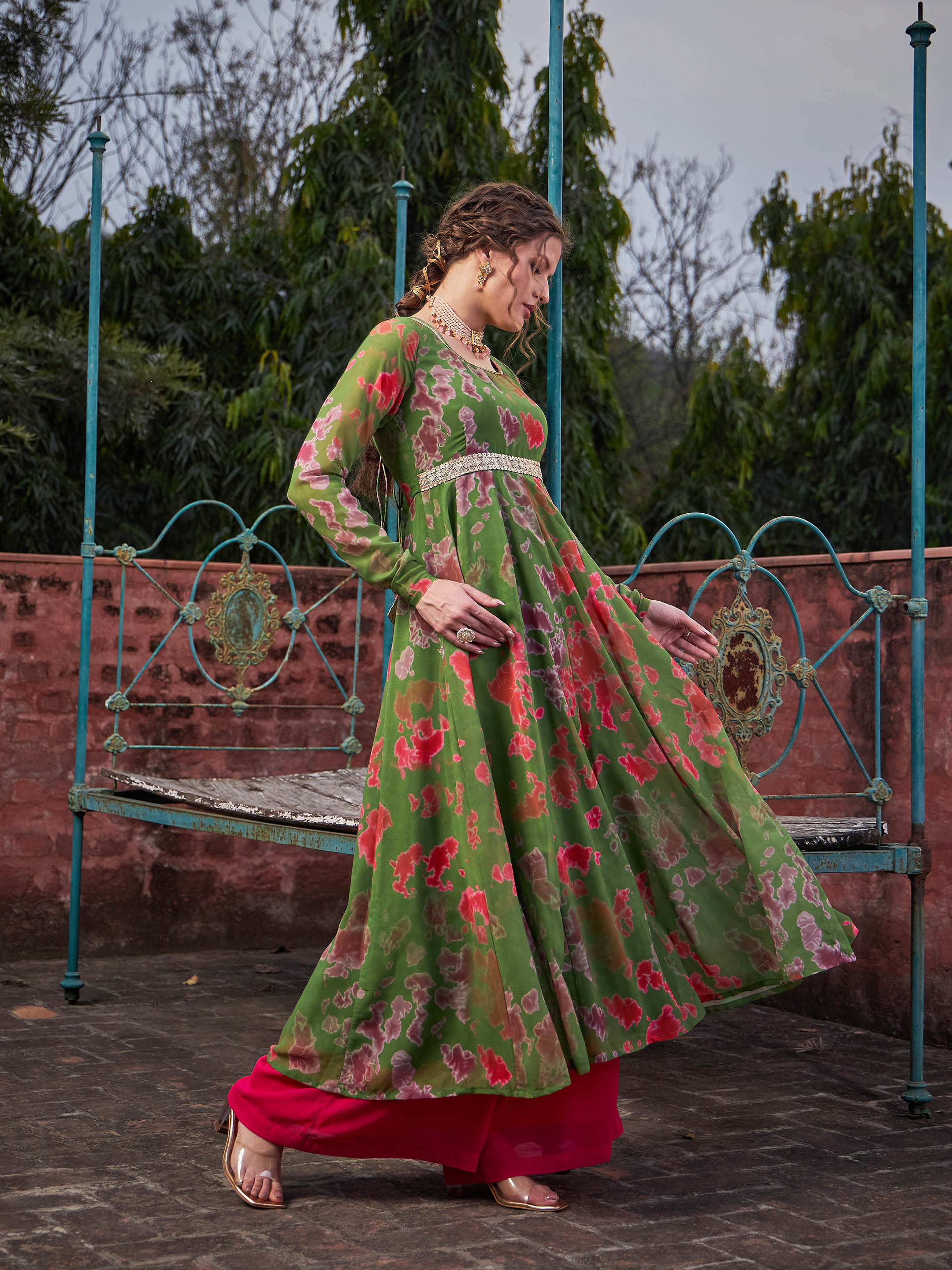 Women Green Tie & Dye Back Criss Cross Dori Anarkali Kurta-SHKUR35031