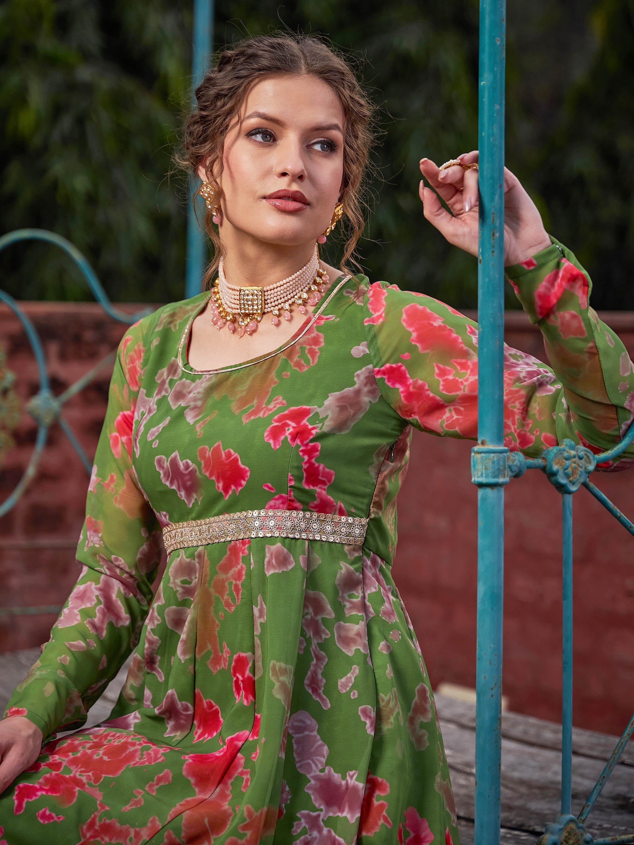 Women Green Tie & Dye Back Criss Cross Dori Anarkali Kurta-SHKUR35031