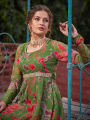 Women Green Tie & Dye Back Criss Cross Dori Anarkali Kurta-SHKUR35031