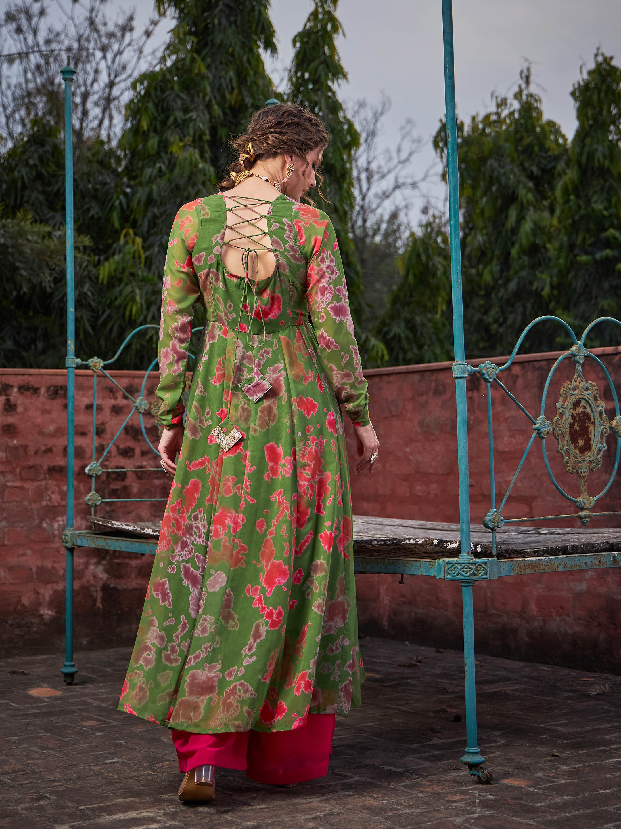 Women Green Tie & Dye Back Criss Cross Dori Anarkali Kurta-SHKUR35031