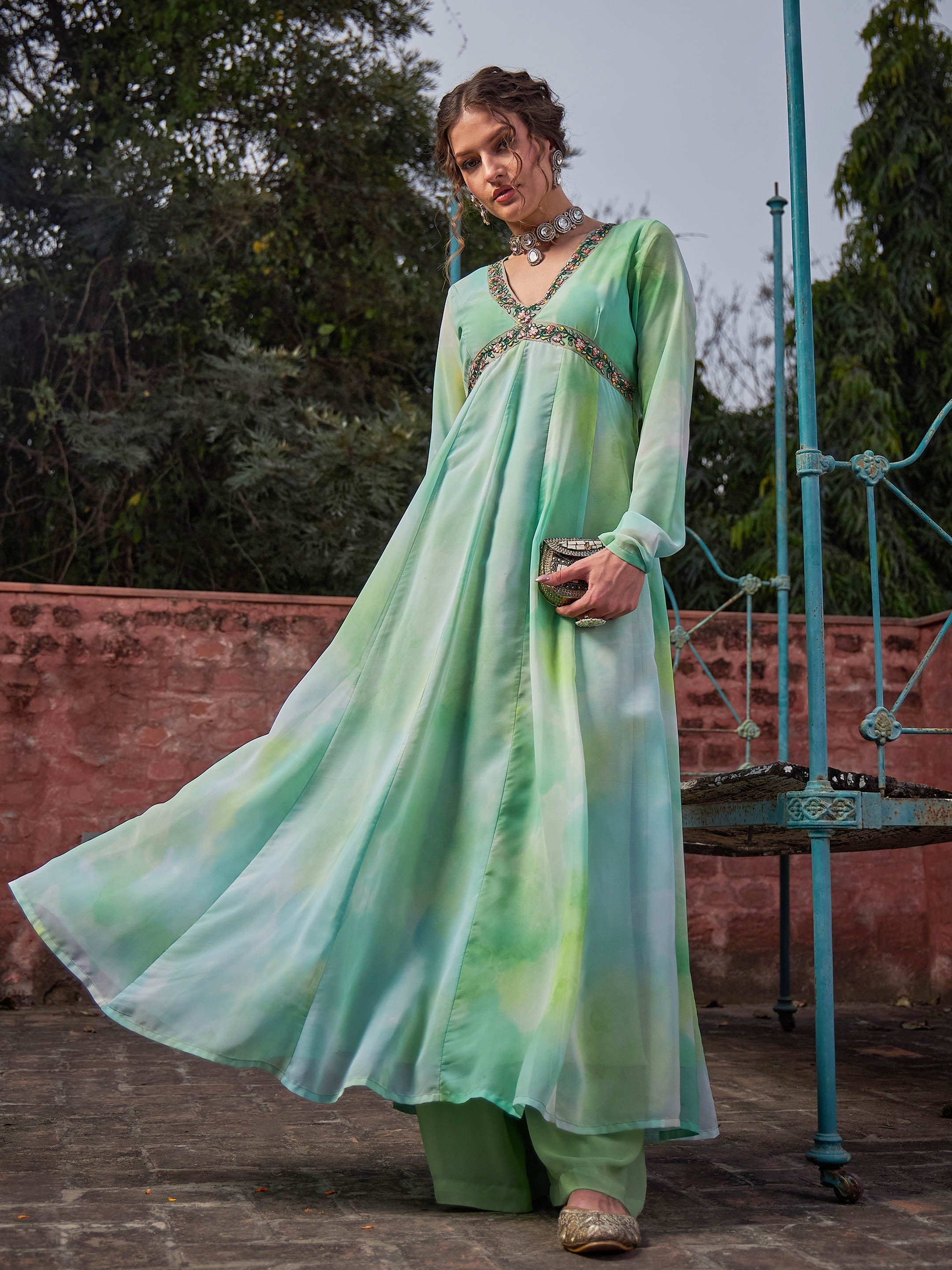 Women Lime Green Tie & Dye V Neck Anarkali Kurta-SHKUR35032