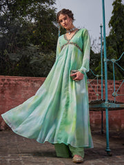 Women Lime Green Tie & Dye V Neck Anarkali Kurta-SHKUR35032