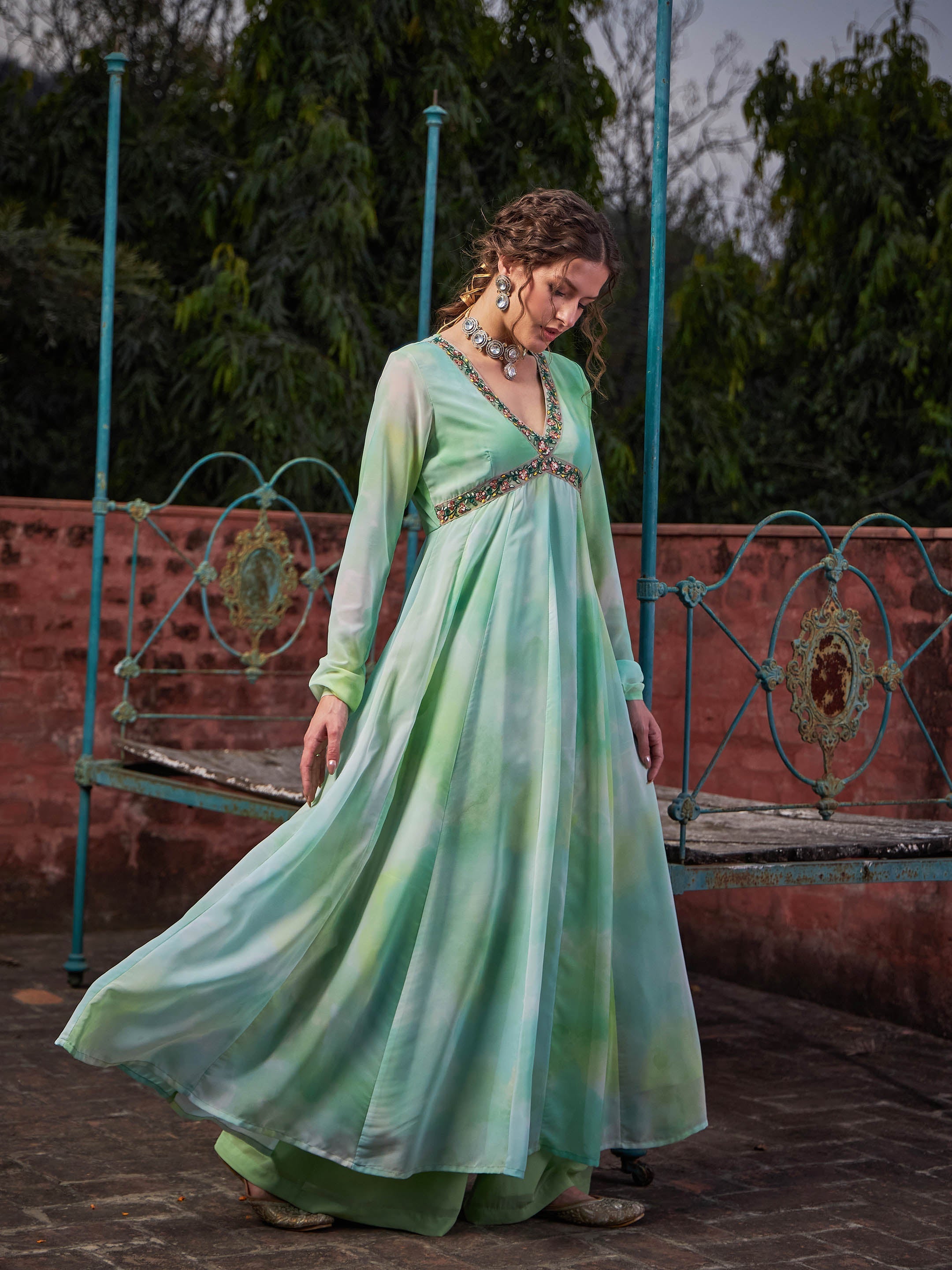 Women Lime Green Tie & Dye V Neck Anarkali Kurta-SHKUR35032