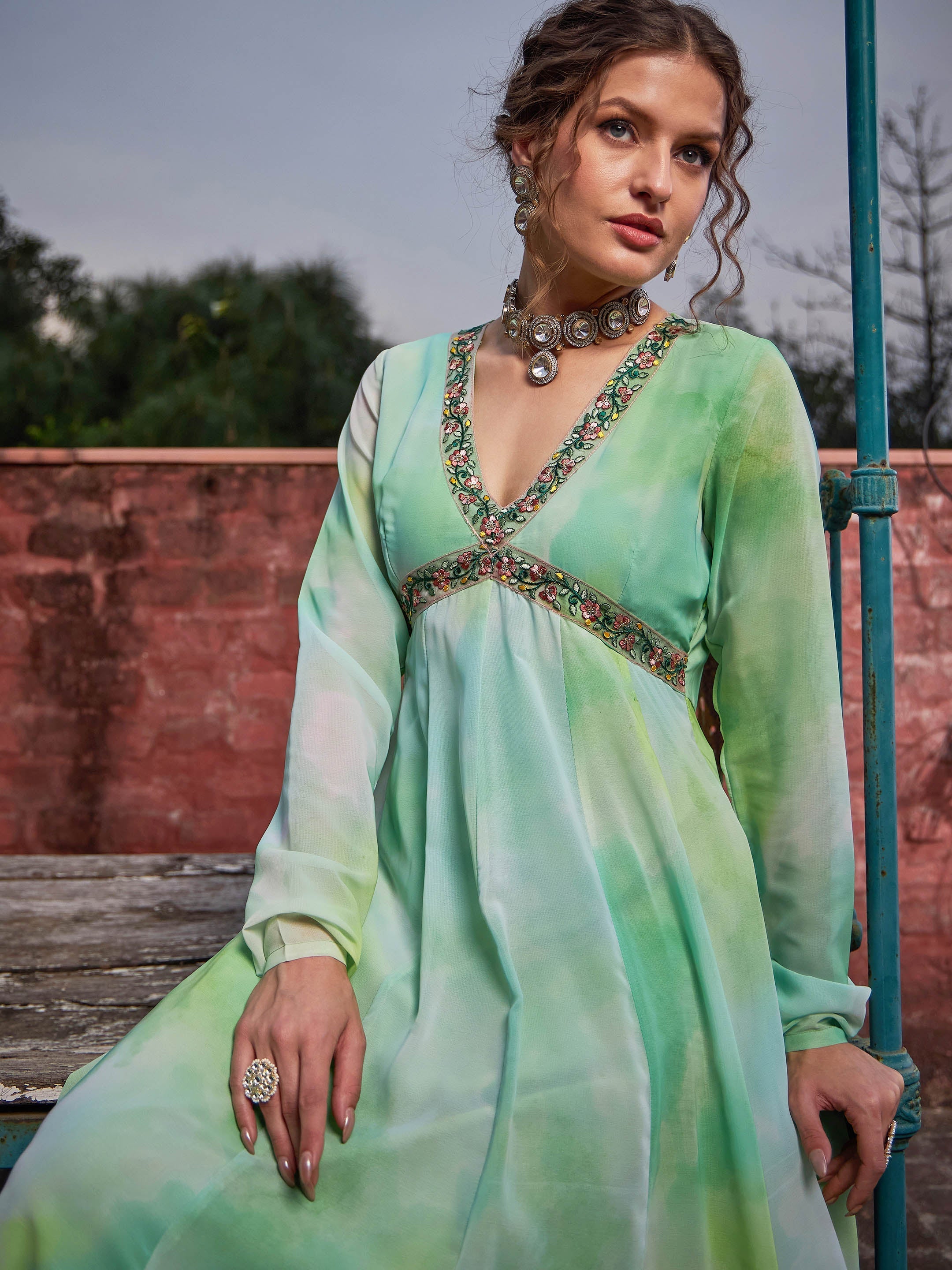 Women Lime Green Tie & Dye V Neck Anarkali Kurta-SHKUR35032