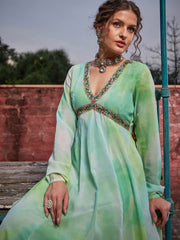 Women Lime Green Tie & Dye V Neck Anarkali Kurta-SHKUR35032