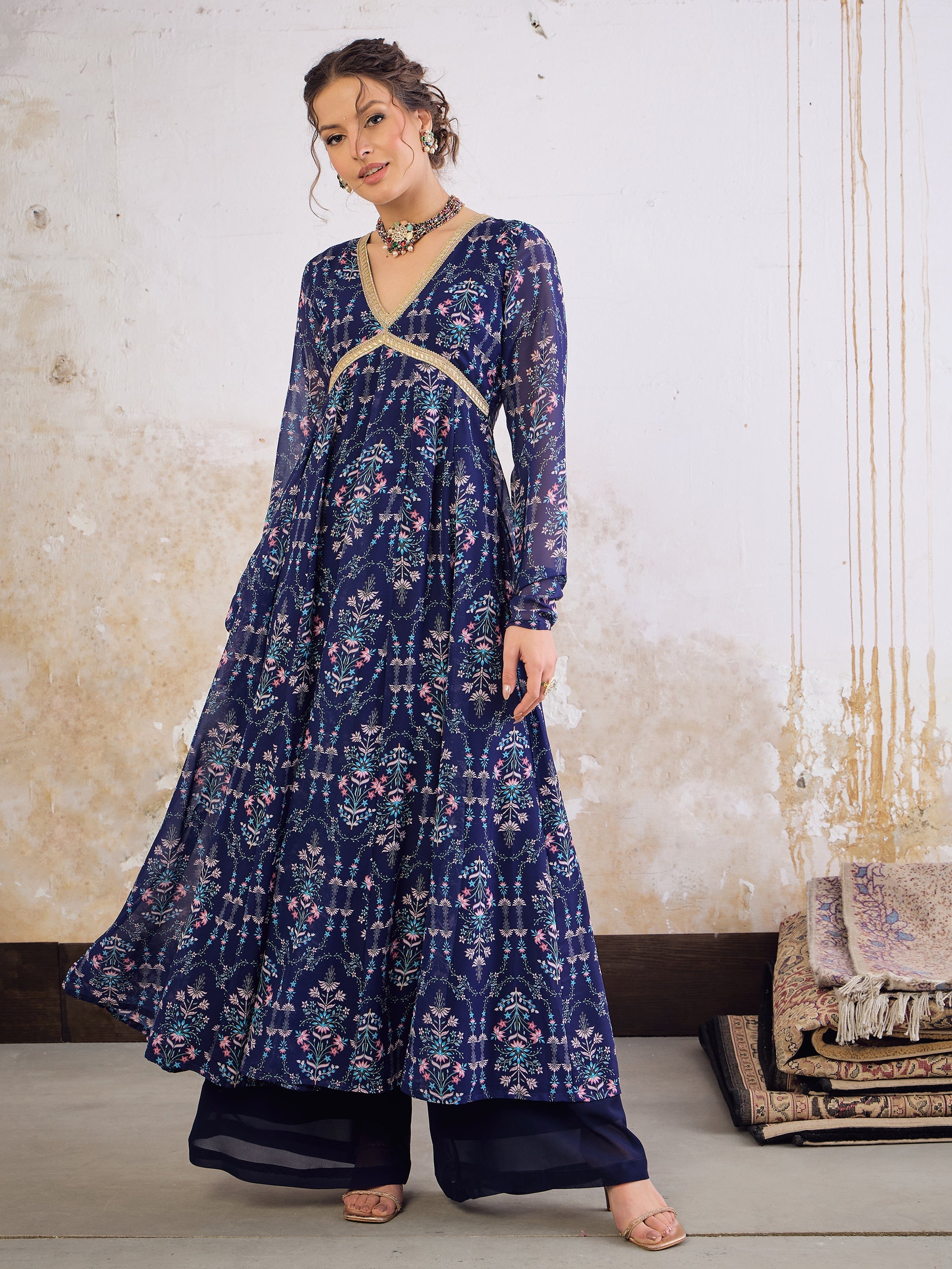 Women Navy Blue Floral V Neck Anarkali Kurta-SHKUR35033