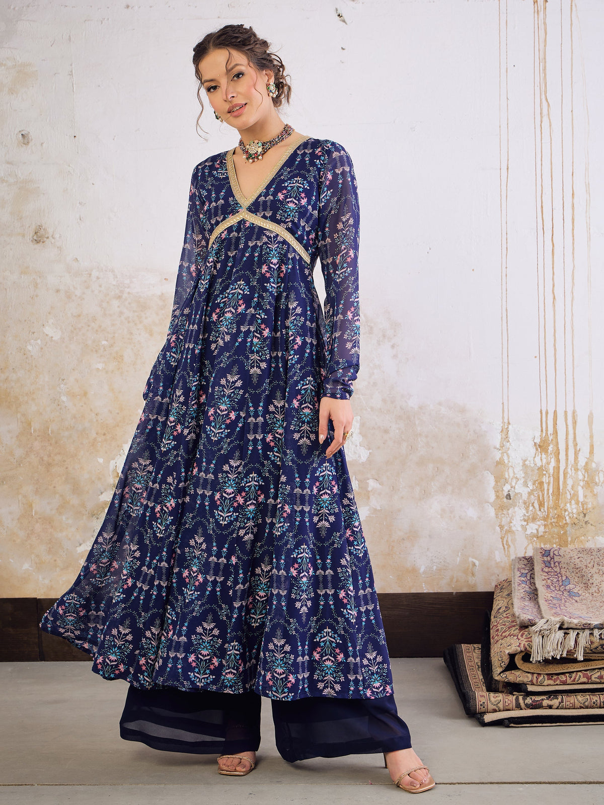 Women Navy Blue Floral V Neck Anarkali Kurta-SHKUR35033