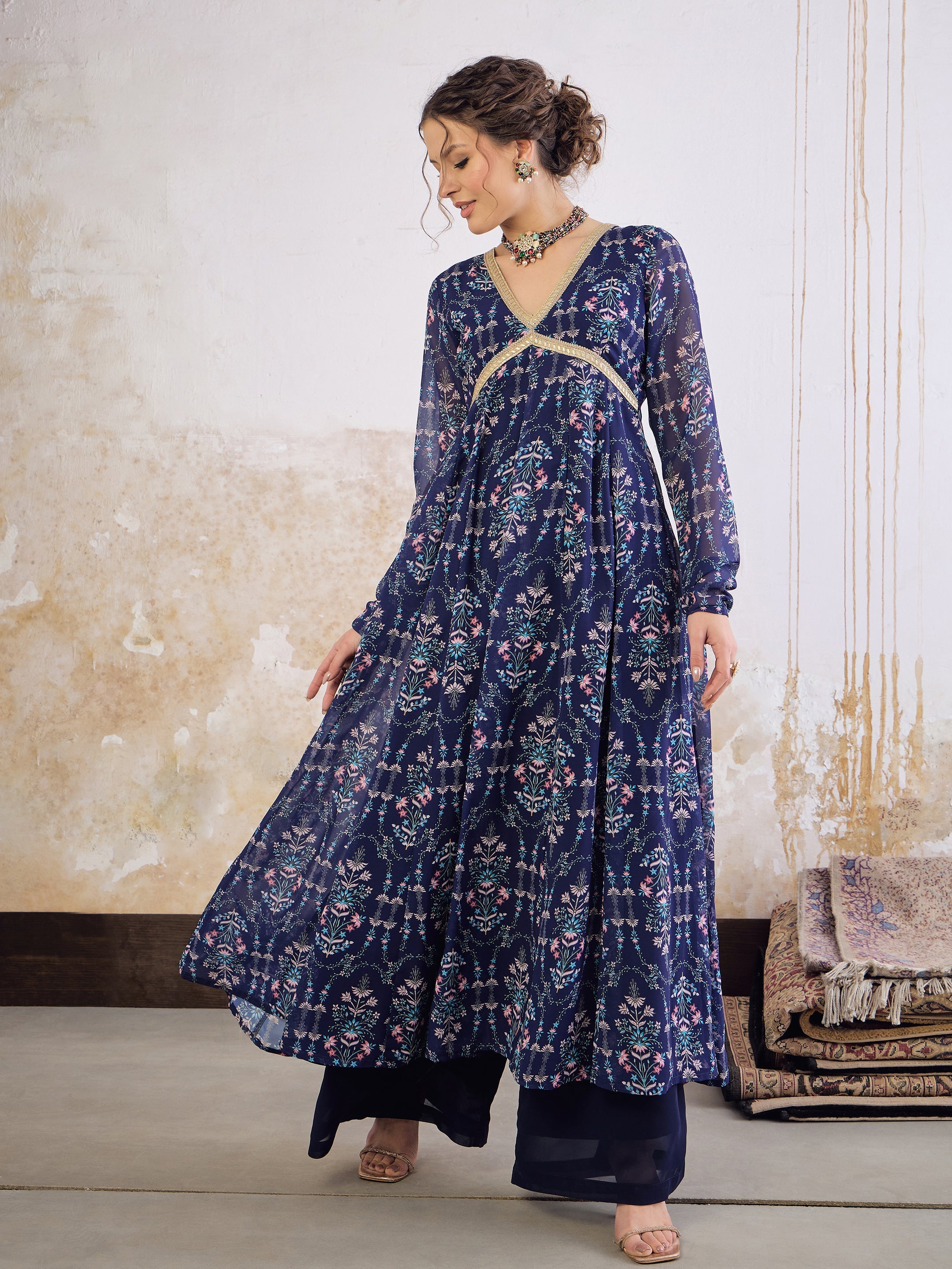 Women Navy Blue Floral V Neck Anarkali Kurta-SHKUR35033