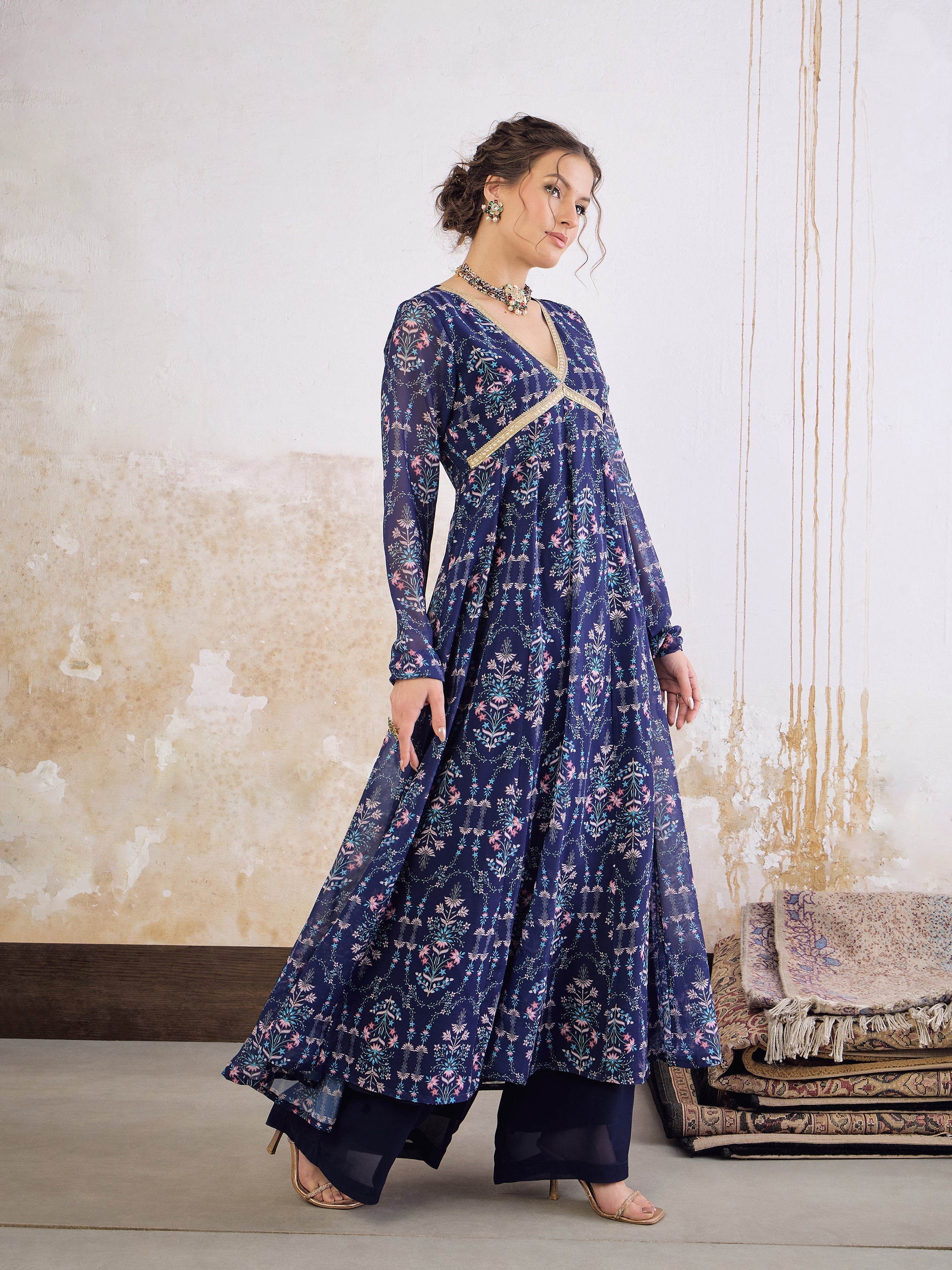 Women Navy Blue Floral V Neck Anarkali Kurta-SHKUR35033