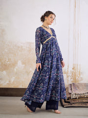 Women Navy Blue Floral V Neck Anarkali Kurta-SHKUR35033