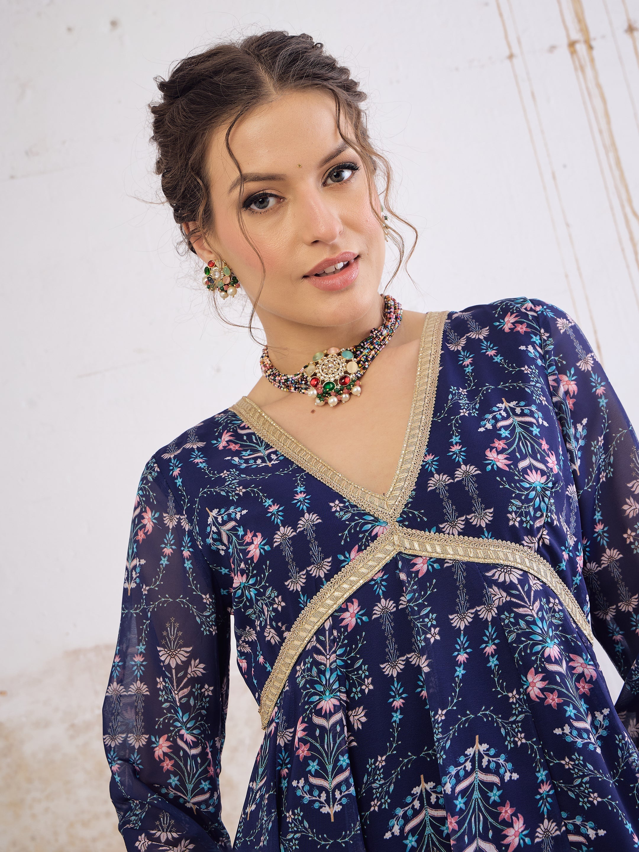 Women Navy Blue Floral V Neck Anarkali Kurta-SHKUR35033