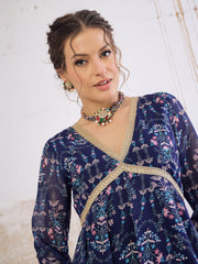 Women Navy Blue Floral V Neck Anarkali Kurta-SHKUR35033