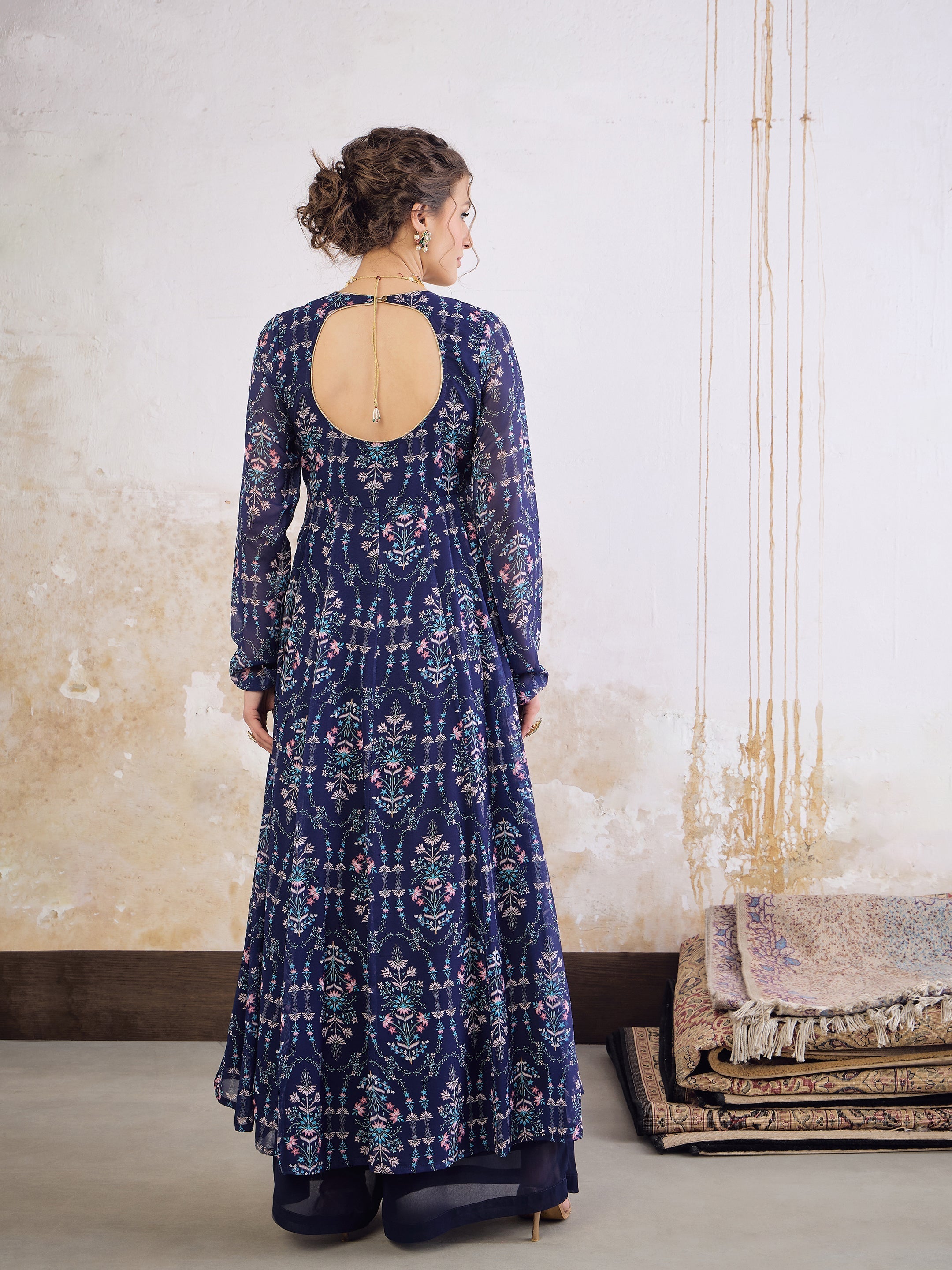 Women Navy Blue Floral V Neck Anarkali Kurta-SHKUR35033