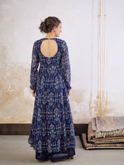Women Navy Blue Floral V Neck Anarkali Kurta-SHKUR35033